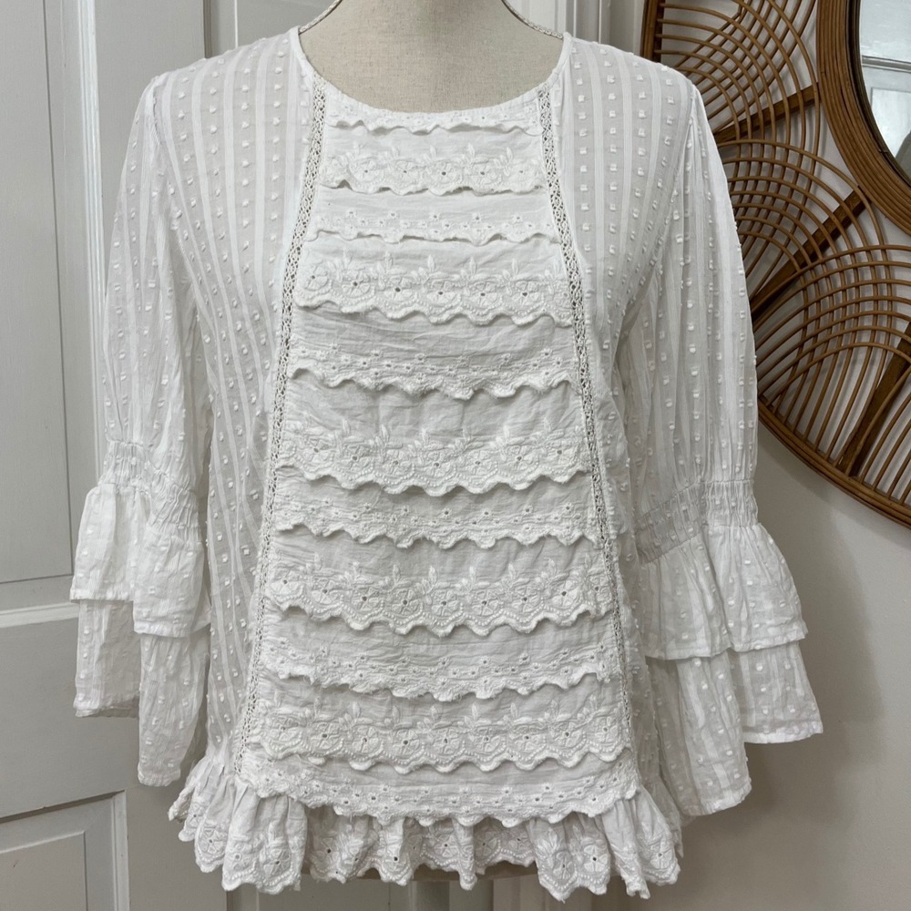 Jennifer & Grace Eyelet Ruffle‎ Blouse M Boho Pirate Victorian Peasant Bride